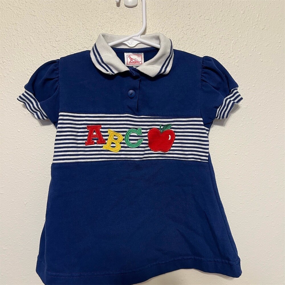 Buster Brown Girls Polo Shirt Size 2T Navy Blue Striped Embroidered Apple